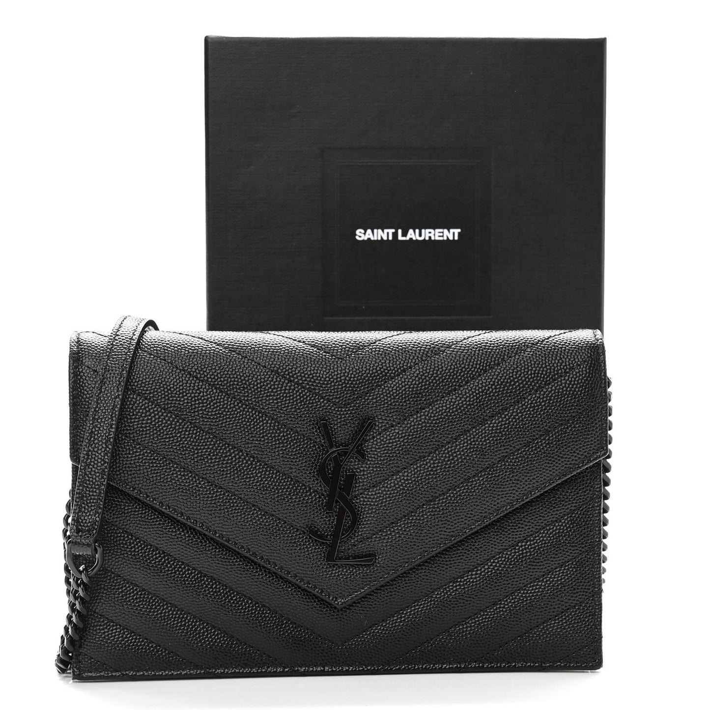 Grain De Poudre Matelasse Chevron Monogram Monochrome Envelope Chain Wallet Black