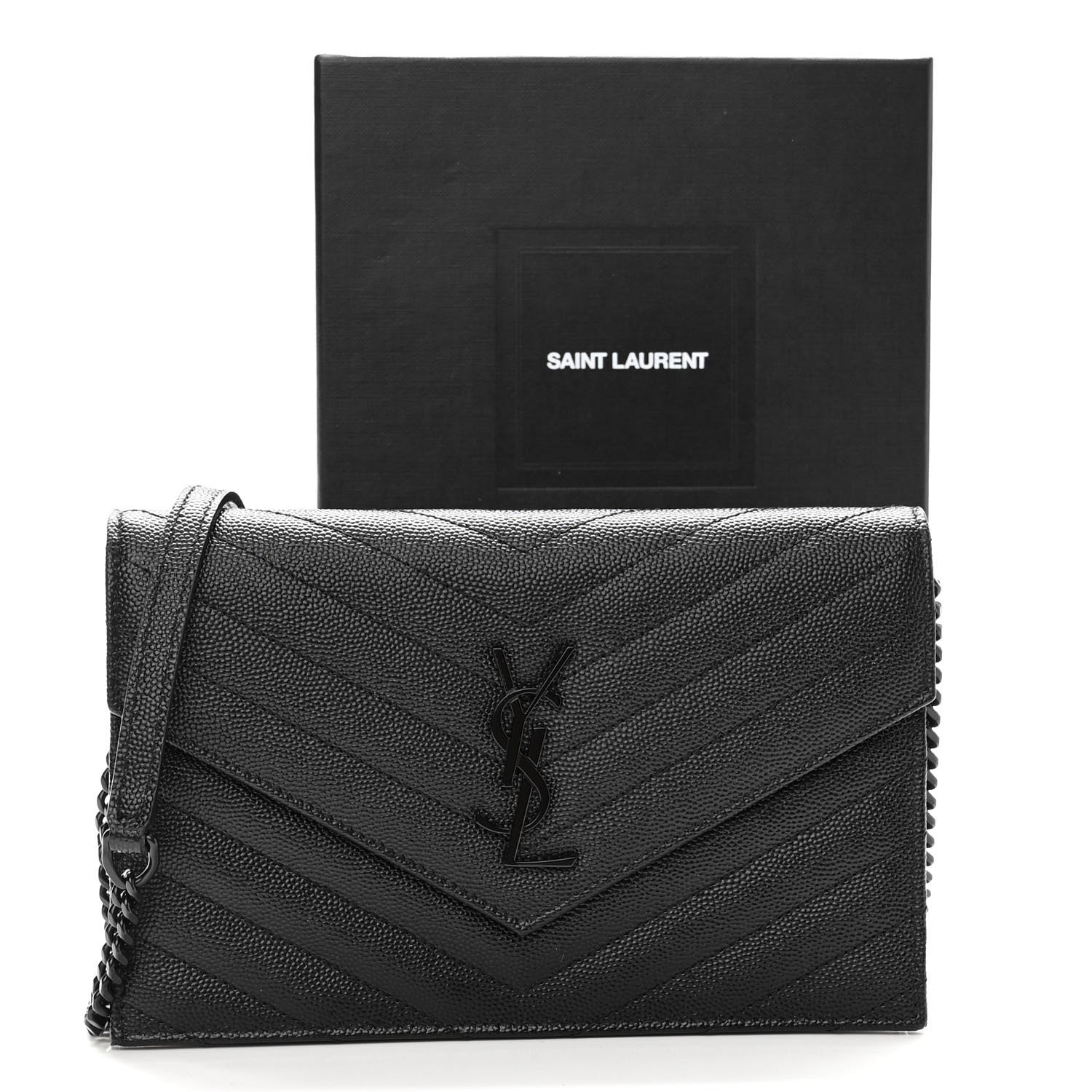 Saint Laurent Grain De Poudre Matelasse Chevron Monogram Monochrome Envelope Chain Wallet Black 10 of 10