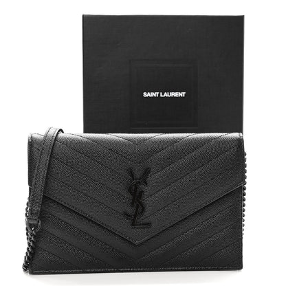 Saint Laurent Grain De Poudre Matelasse Chevron Monogram Monochrome Envelope Chain Wallet Black 10 of 10