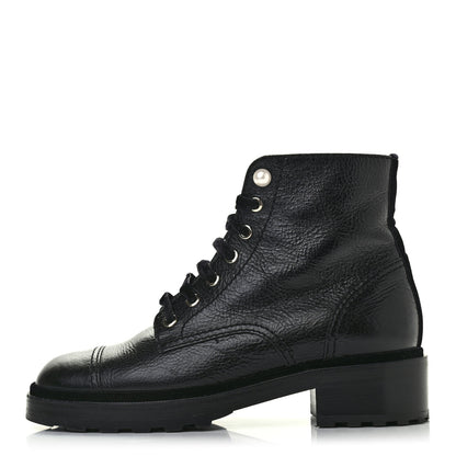 Chanel Calfskin Pearl Combat Ankle Boots 39.5 Black 1 of 7