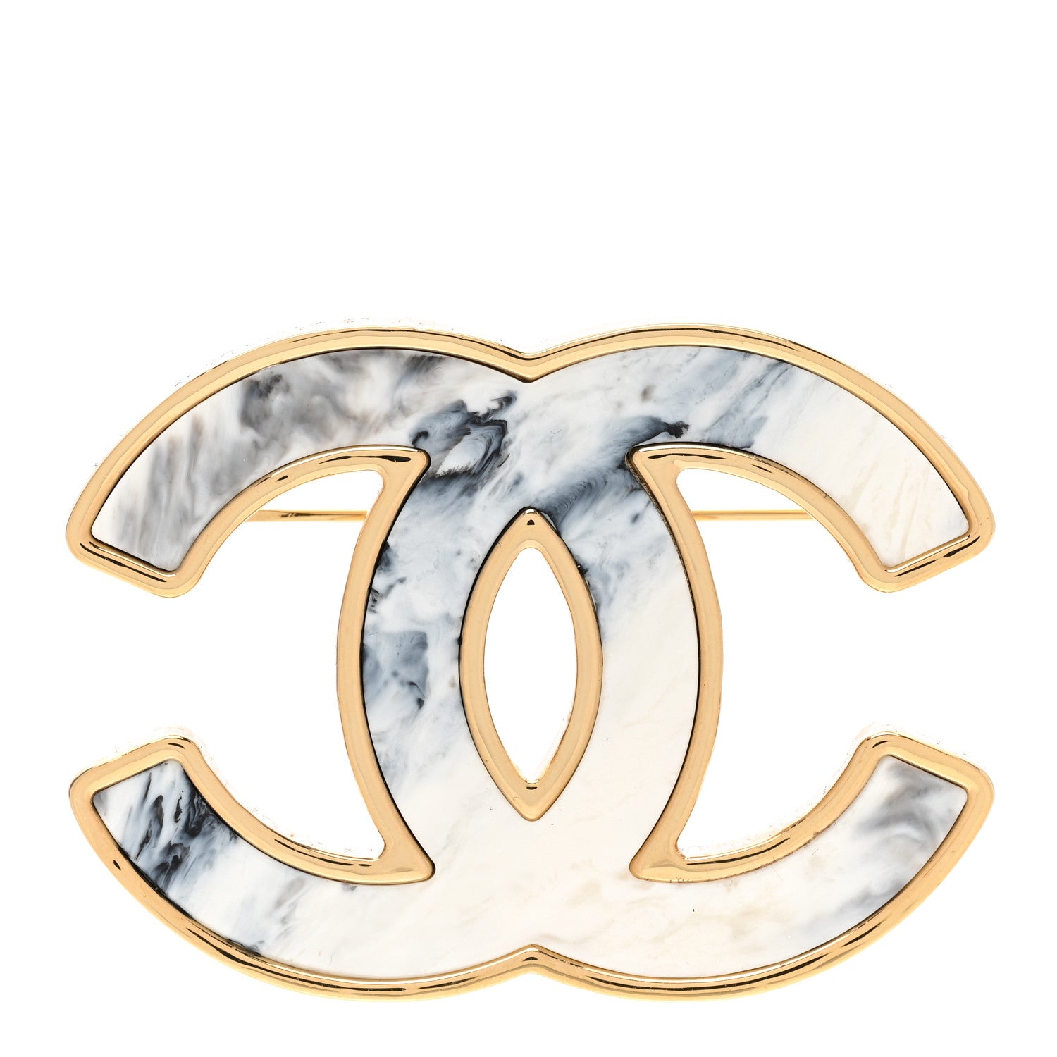 Chanel Metal Marbled Enamel CC Brooch White Light Gold 1 of 5