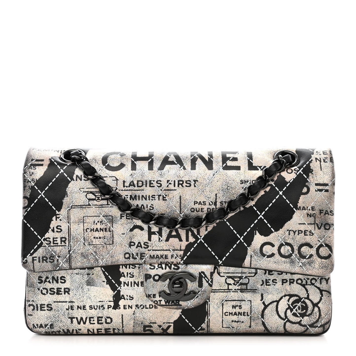Metallic Lambskin Painted Feministe Newsprint Medium Double Flap So Black