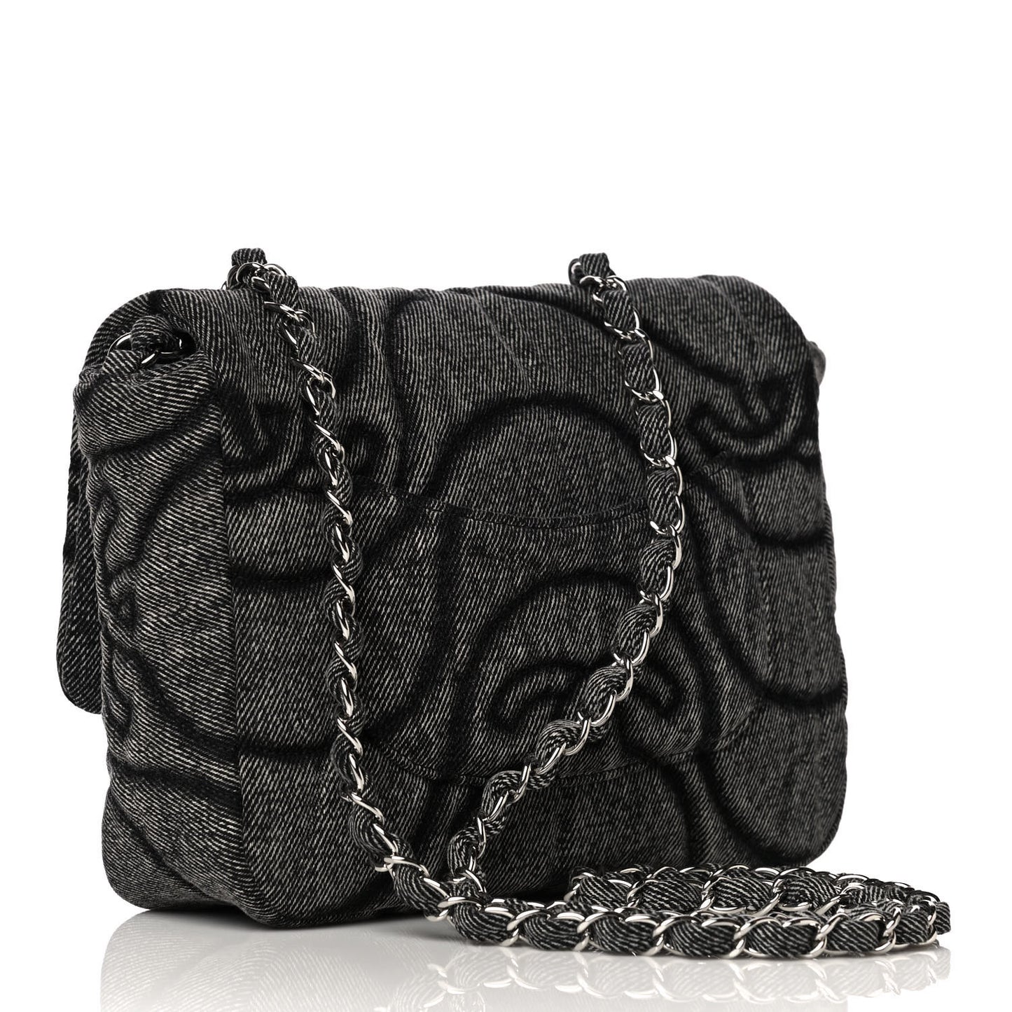 Denim Embossed CC Logo Print Mini Single Flap Black