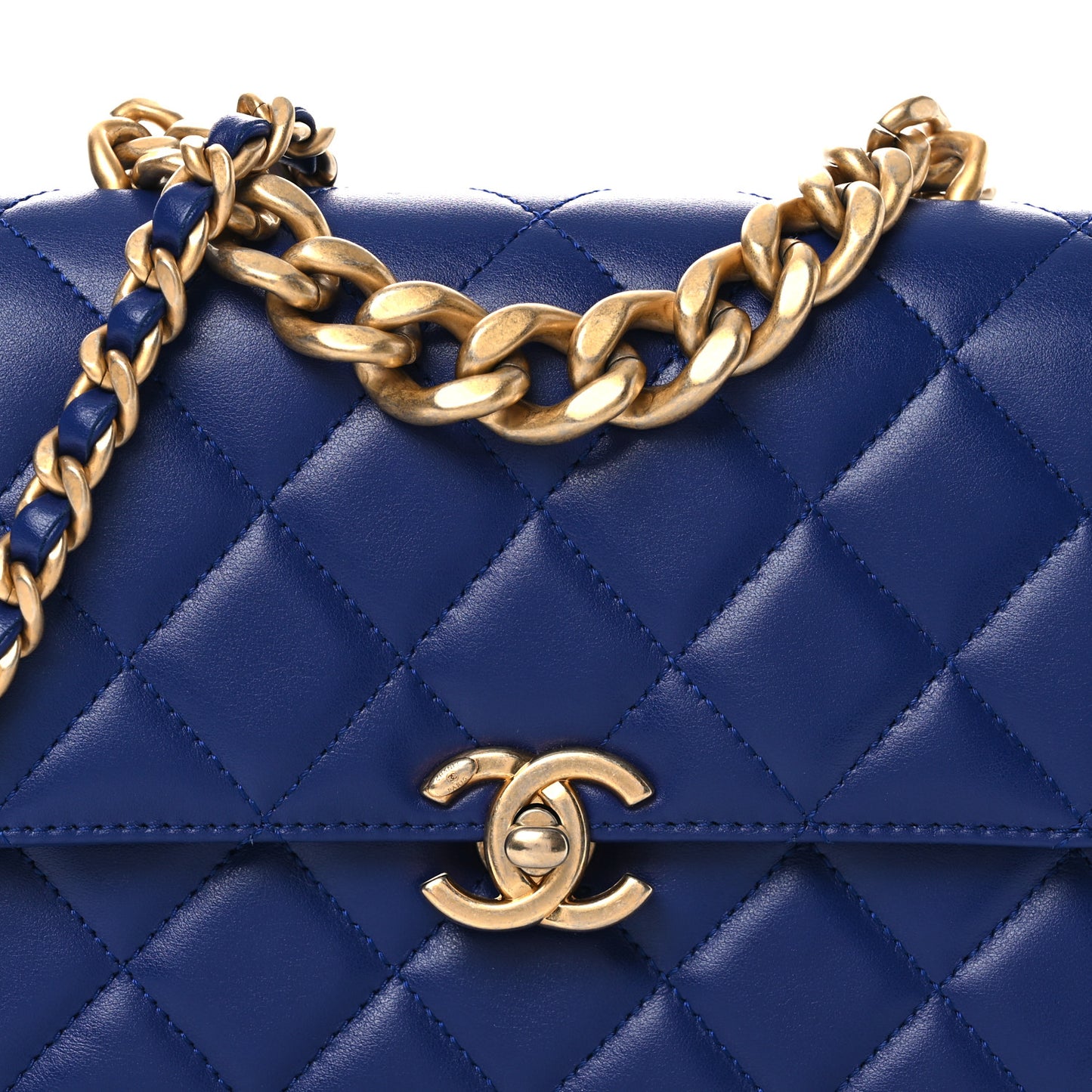 Calfskin Quilted Small Dual Handle Chain Flap Bag  Blue