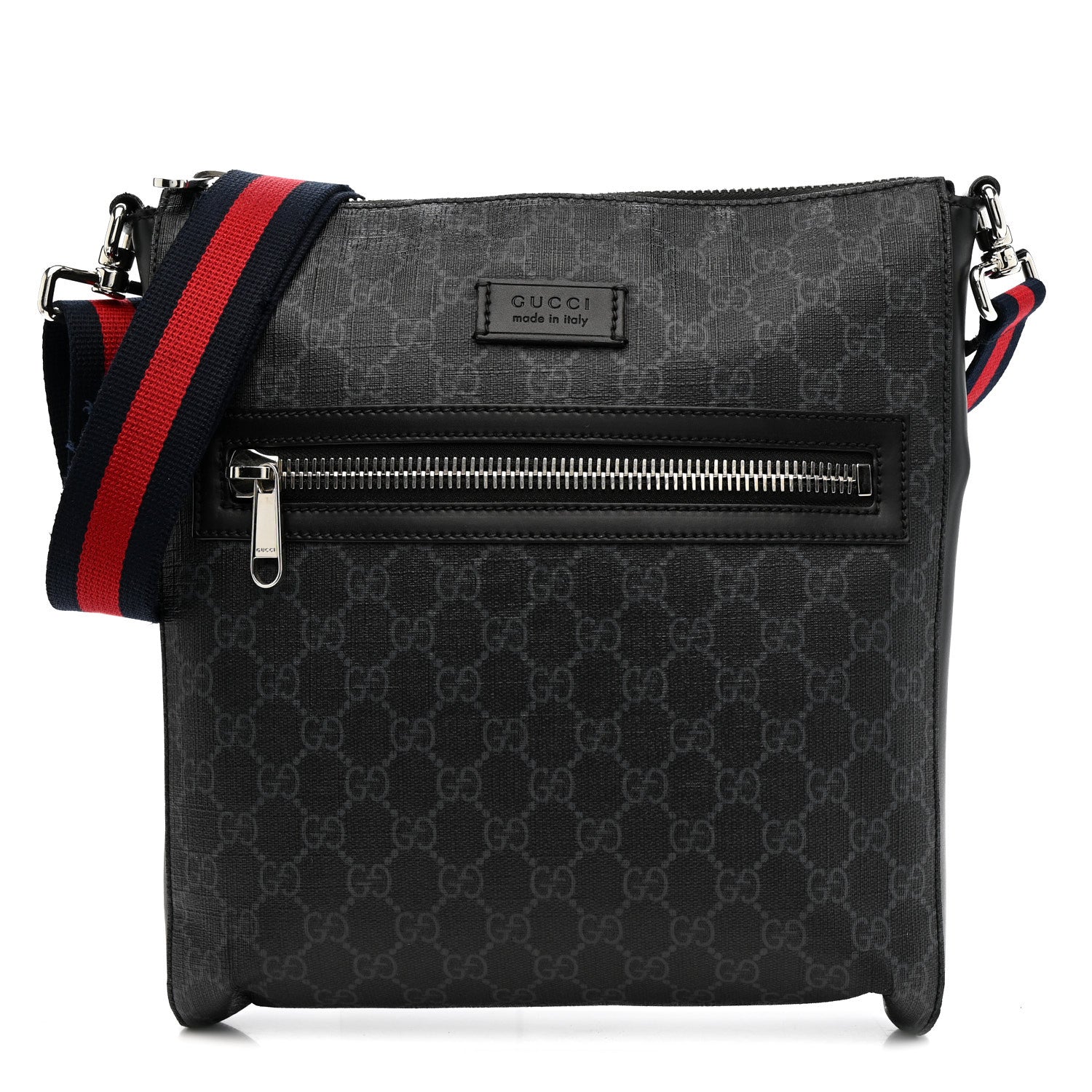 Gucci GG Supreme Monogram Appia Calfskin Web Flat Messenger Bag Black Grey 1 of 15
