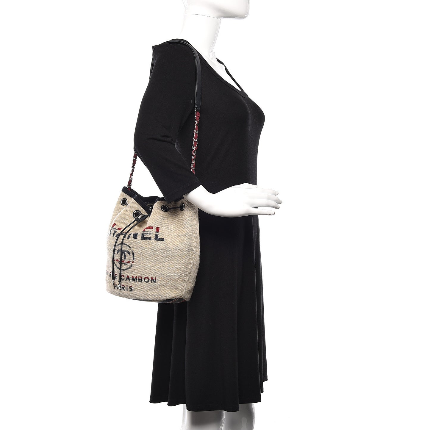 Striped Canvas Deauville Drawstring Bag Beige