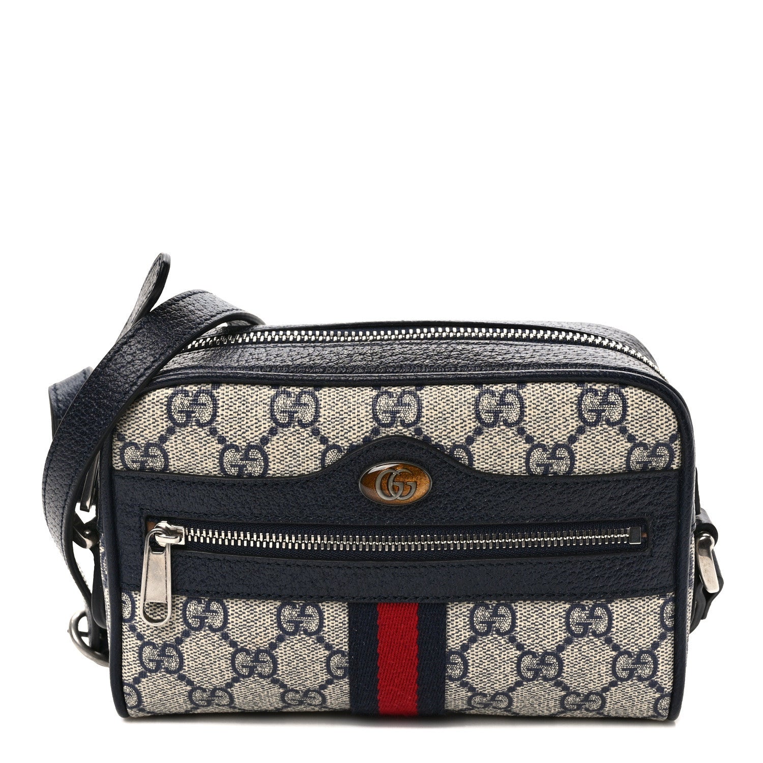 Gucci GG Supreme Monogram Textured Dollar Calfskin Web Mini Ophidia Shoulder Bag Beige Blue 1 of 9