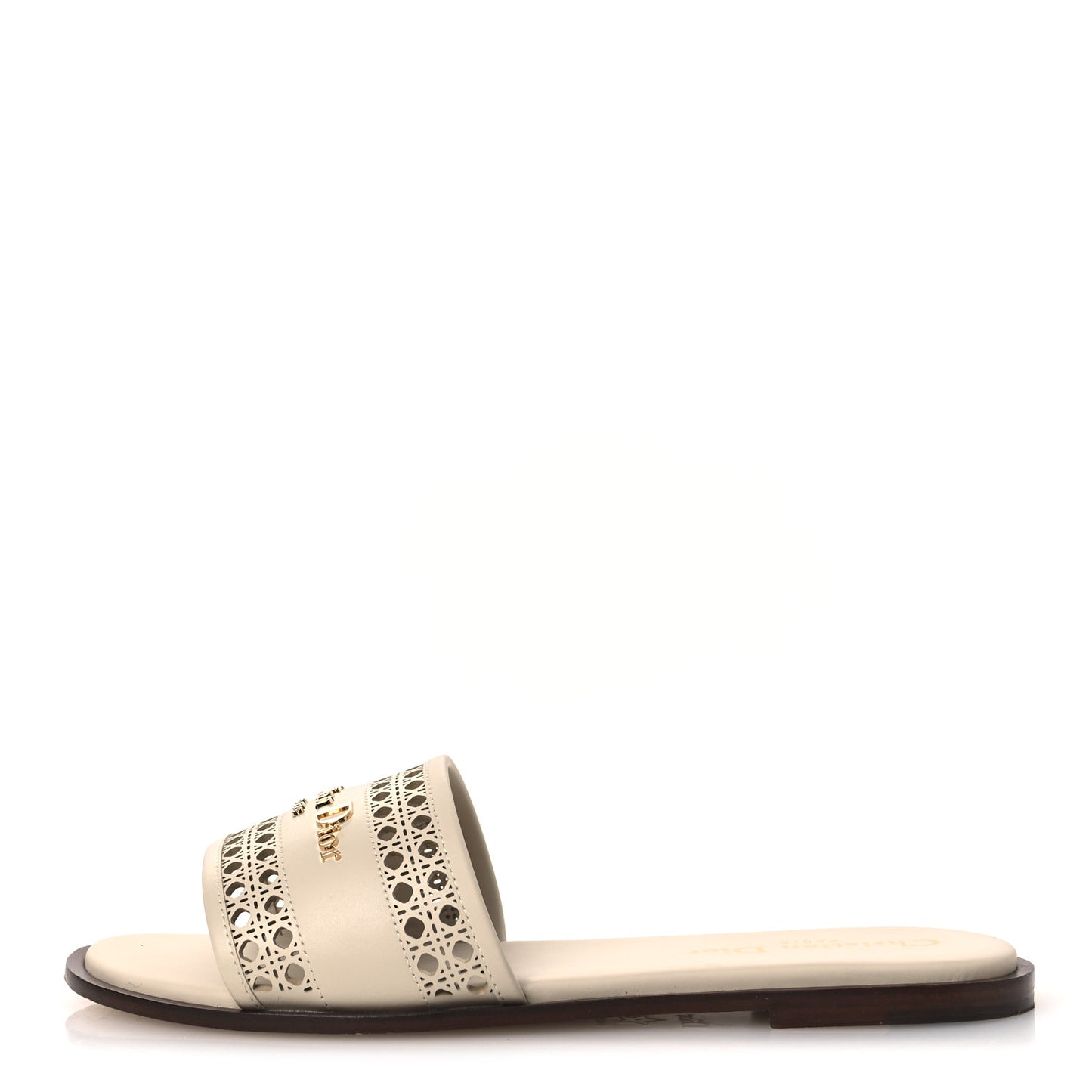 Calfskin Lambskin Micro Cannage D-Lane Flat Slide Sandals 36 Light Ecru