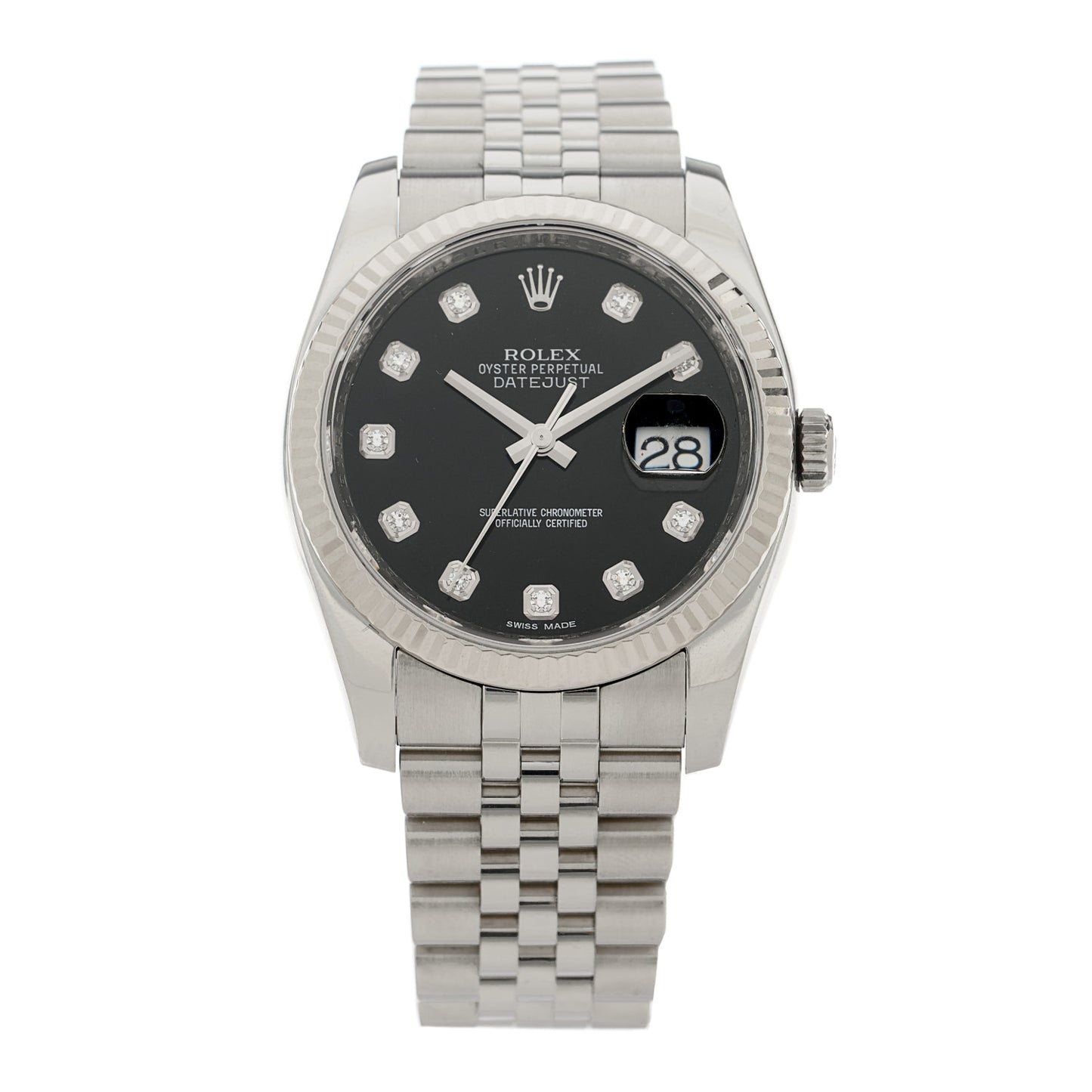 Stainless Steel 18K White Gold Diamond 36mm Oyster Perpetual Datejust Watch Black 116234