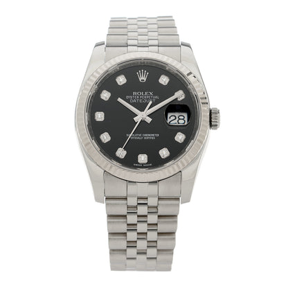 Rolex Stainless Steel 18K White Gold Diamond 36mm Oyster Perpetual Datejust Watch Black 116234 1 of 5
