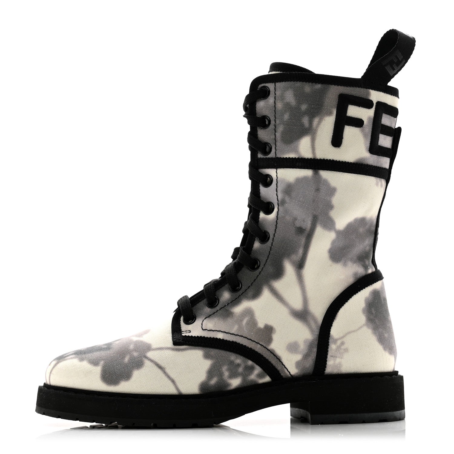 Fendi Canvas Floral Print Logo Bi-Color Womens Biker Boots 37 White Black 1 of 11