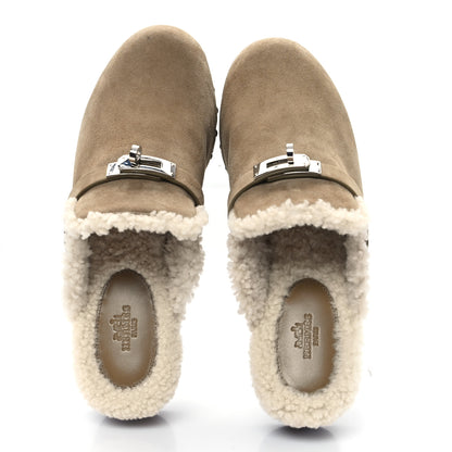 Hermes Suede Goatskin Woolskin Carlotta Mules 38 Beige Gobi 2 of 10