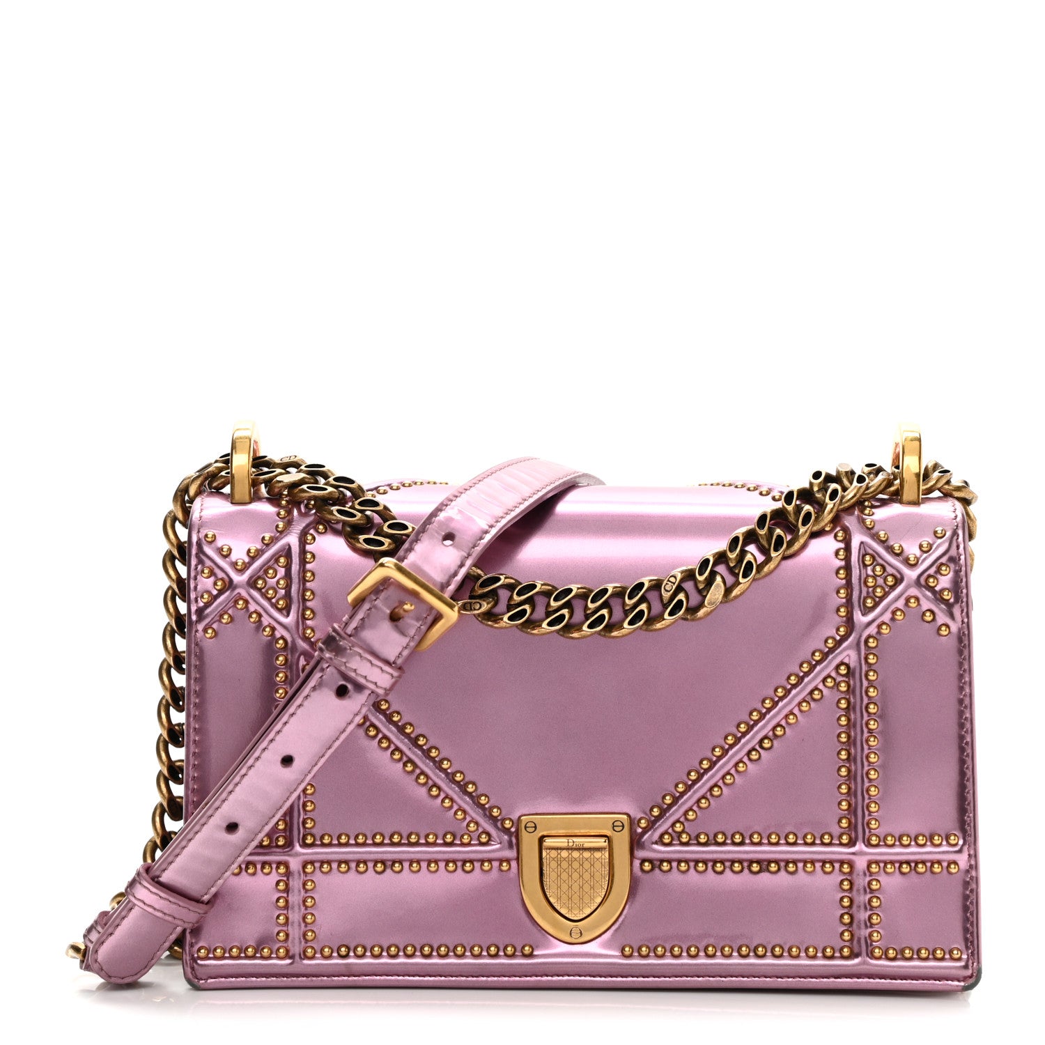 Christian Dior Metallic Patent Studded Small Diorama Flap Bag Pink 1 of 12
