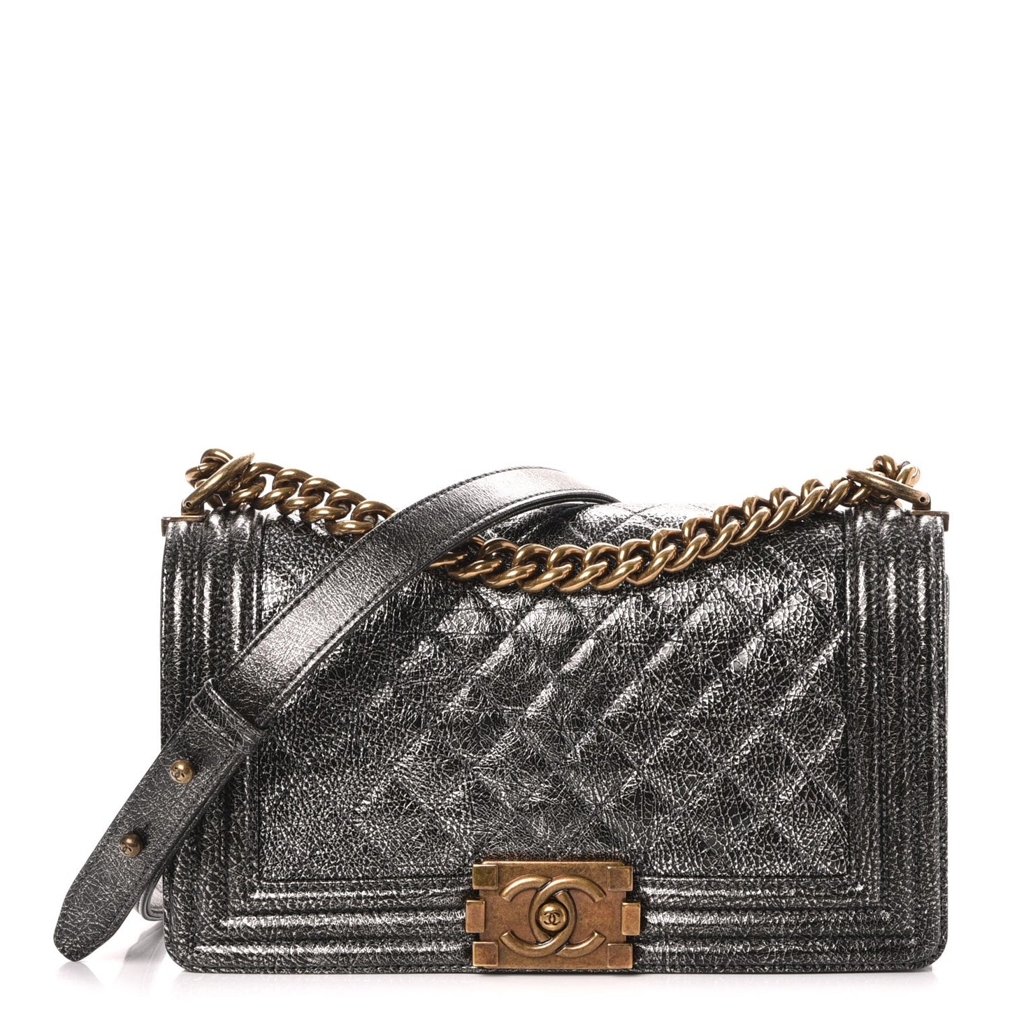 Cracked Metallic Calfskin Quilted Medium Boy Flap Silver