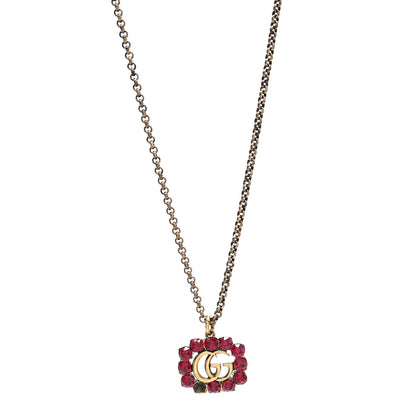 Gucci Crystal Embellished Double G Necklace Aged Gold Red 1 of 8