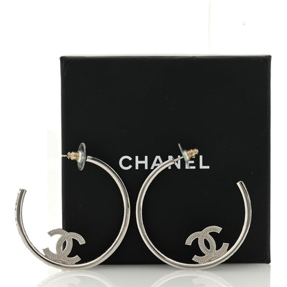 Chanel Metal Crystal Baguette CC Large Hoop Earrings Silver 5 of 5
