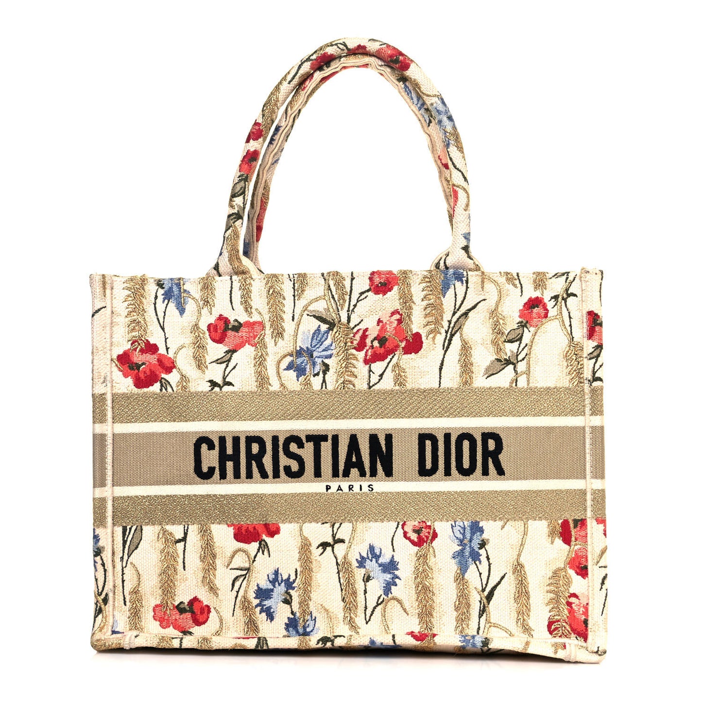 Canvas Embroidered Medium Hibiscus Book Tote Beige Multicolor