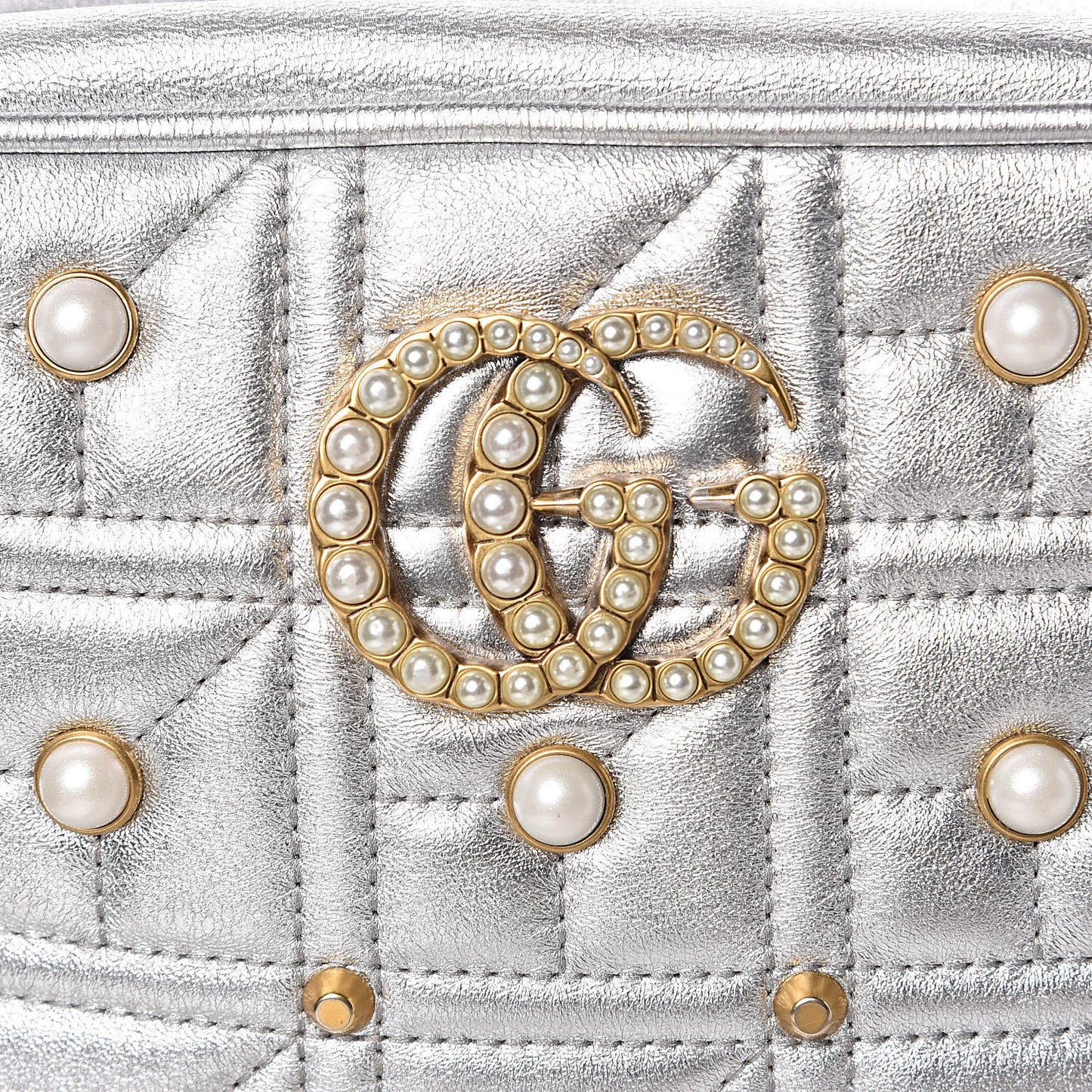 Metallic Calfskin Matelasse Studded Small Pearly GG Marmont Chain Shoulder Bag Silver