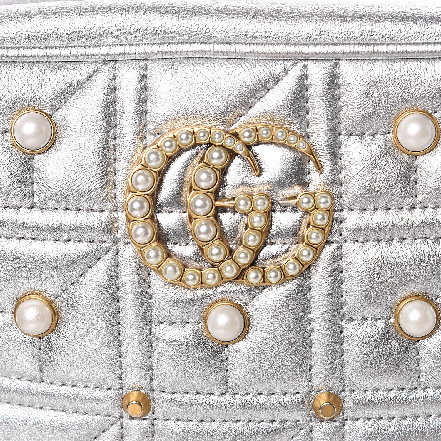 Gucci Metallic Calfskin Matelasse Studded Small Pearly GG Marmont Chain Shoulder Bag Silver 8 of 18