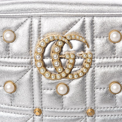 Gucci Metallic Calfskin Matelasse Studded Small Pearly GG Marmont Chain Shoulder Bag Silver 8 of 18