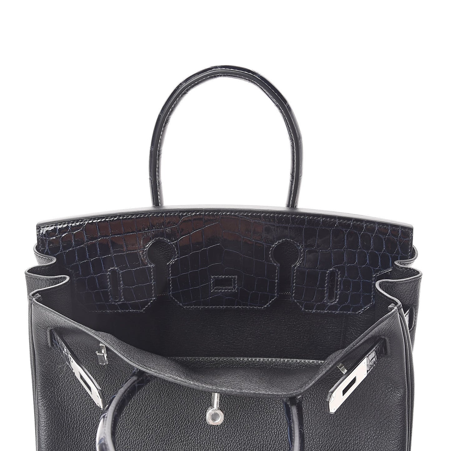 Clemence Novillo Shiny Niloticus Crocodile Birkin Touch 30 Black Bleu Marine