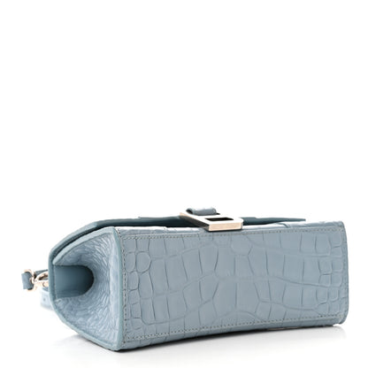 Balenciaga Shiny Calfskin Crocodile Embossed Hourglass Top Handle Bag XS Blue Grey 4 of 15