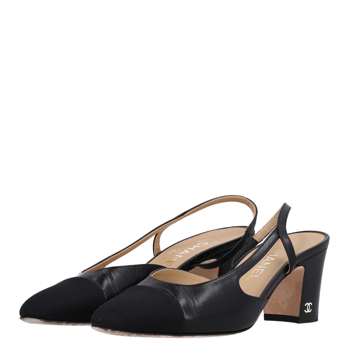 Chanel Goatskin Grosgrain Cap Toe CC Slingback Sandals 38.5 Black 4 of 10