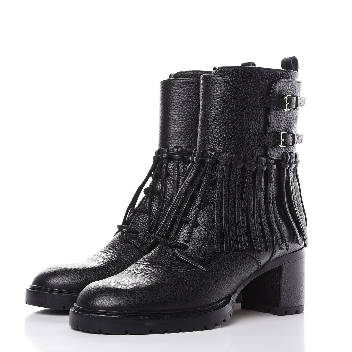 Calfskin Fringe Combat Boots 39 Black