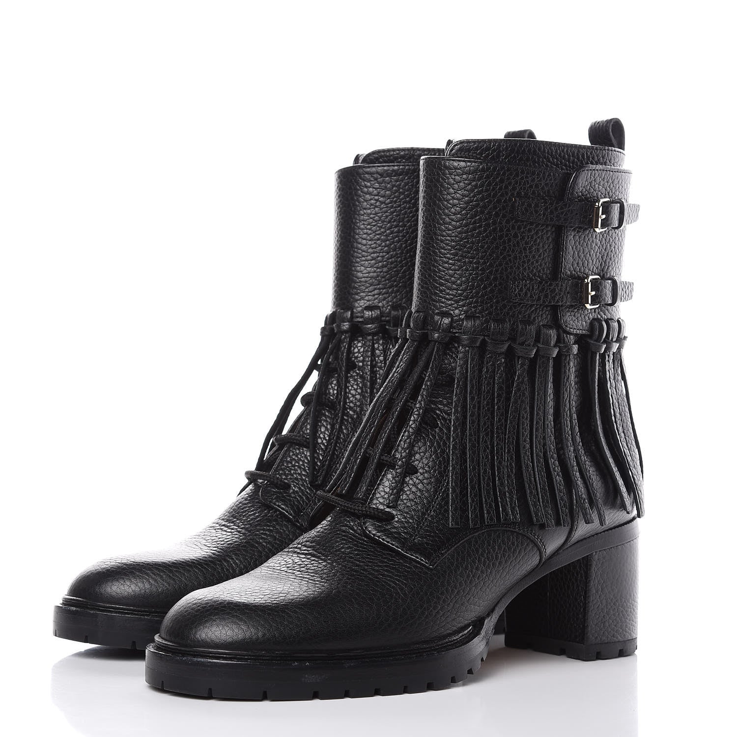 Valentino Garavani Calfskin Fringe Combat Boots 39 Black 2 of 9