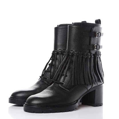 Valentino Garavani Calfskin Fringe Combat Boots 39 Black 2 of 9