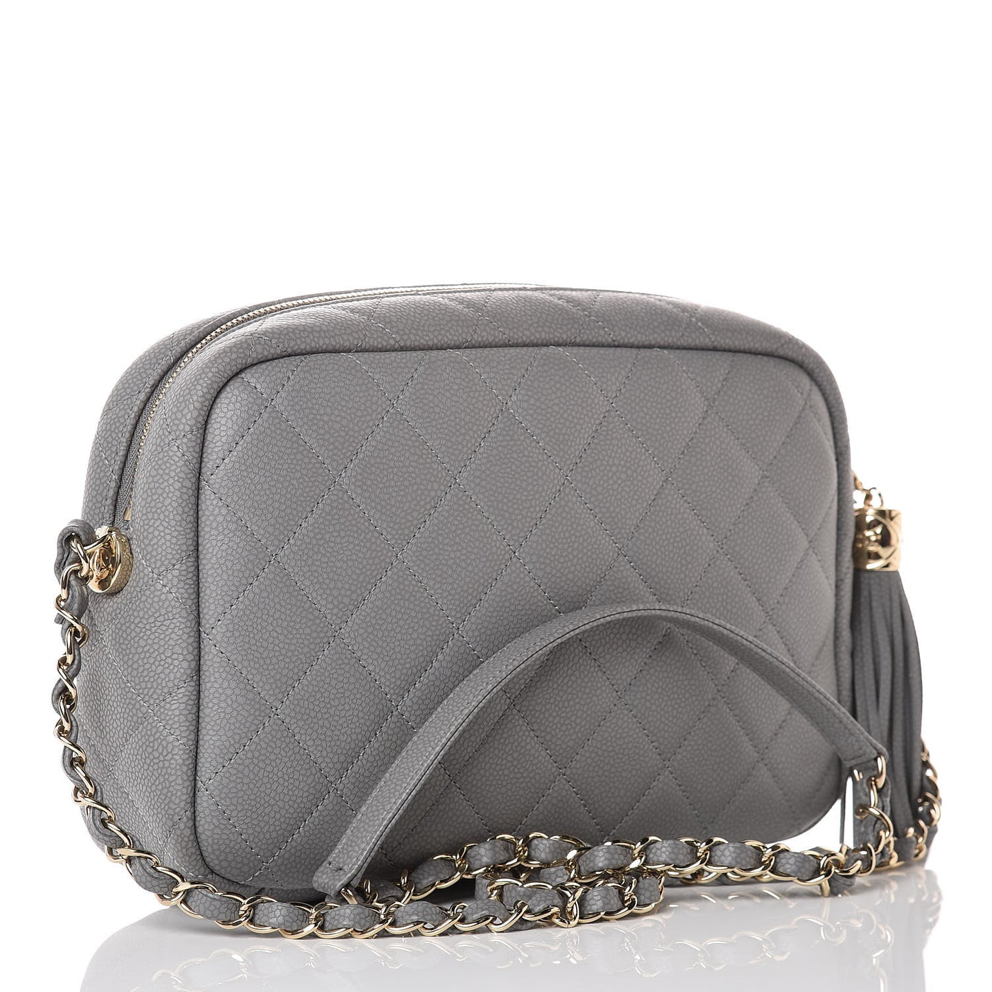Iridescent Caviar Flat Quilted Small Coco Tassel Camera Case Grey