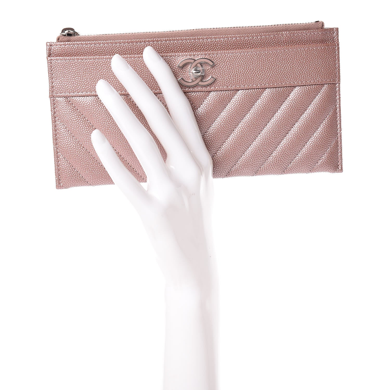 Chanel Metallic Caviar Chevron Quilted Mademoiselle Vintage Zip Pouch Pink 2 of 8