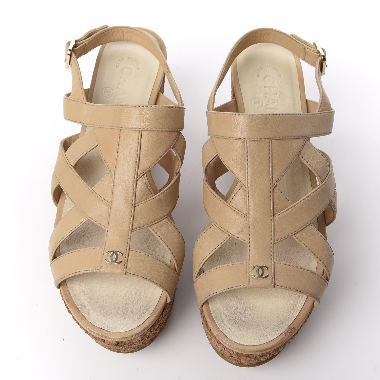 Chanel Lambskin Cork Pearl CC Platform Sandals 38 Beige 5 of 12