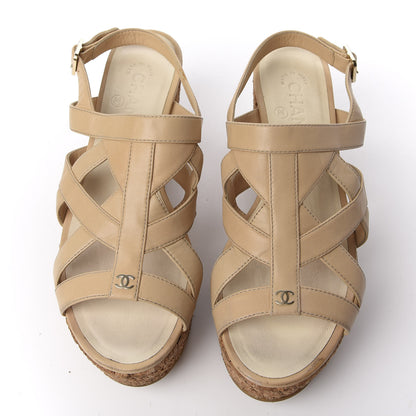Chanel Lambskin Cork Pearl CC Platform Sandals 38 Beige 5 of 12