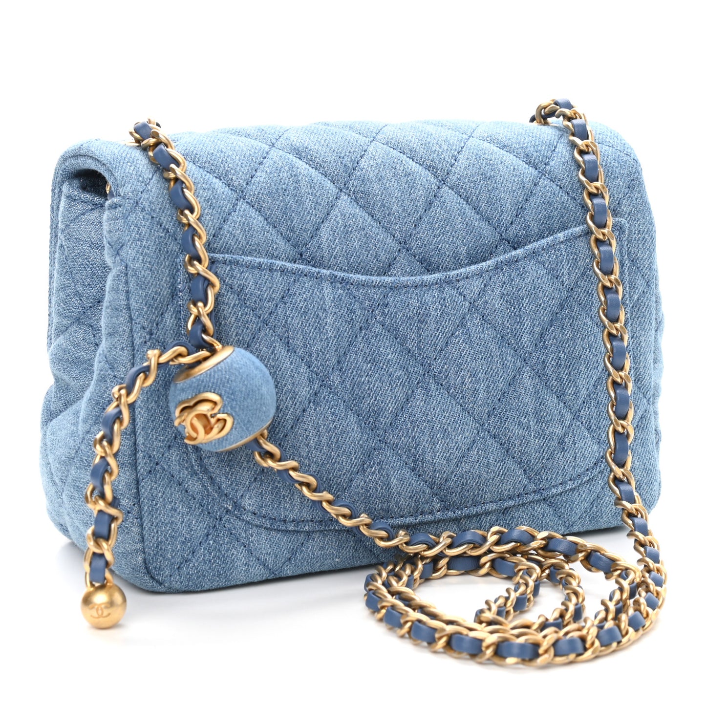 Denim Quilted Mini Pearl Crush Flap Blue