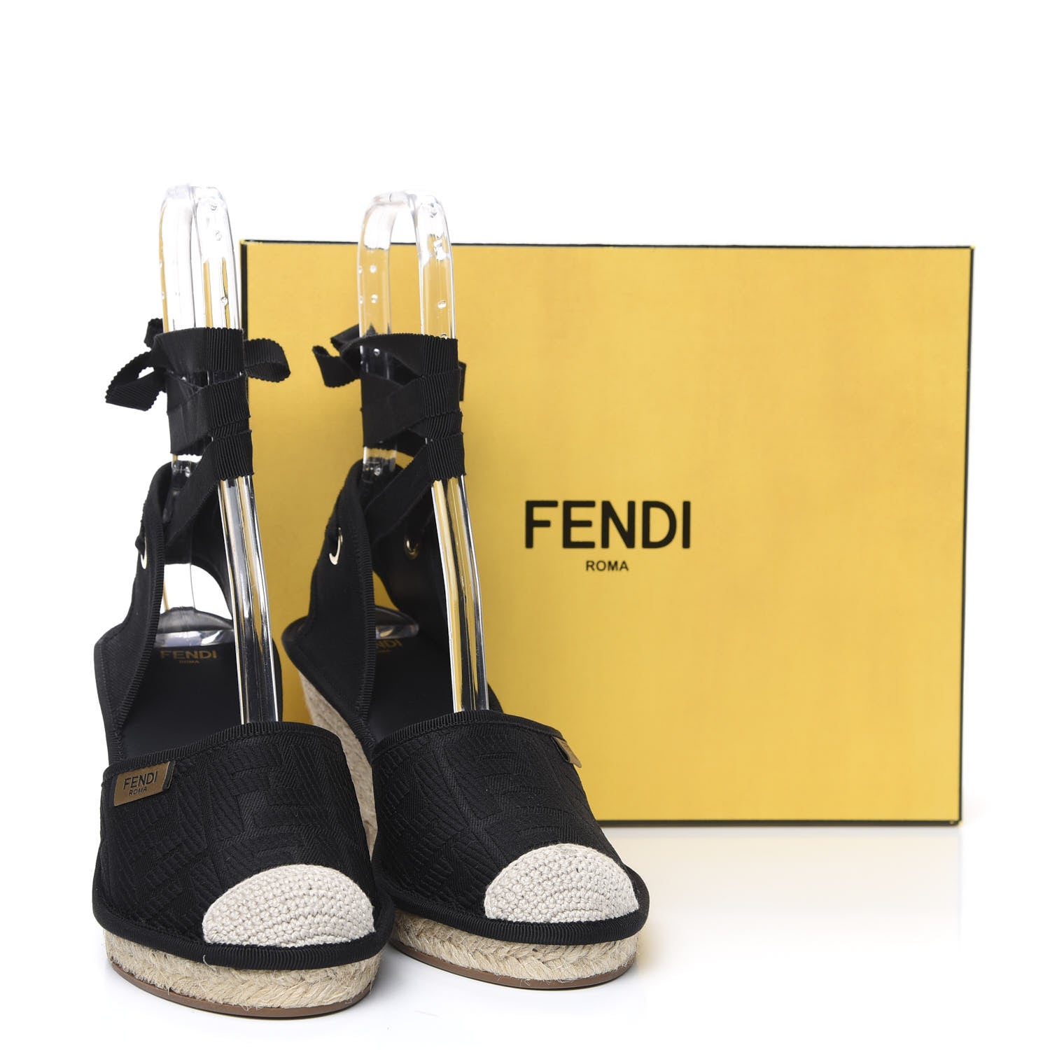 Fendi Canvas FF Embroidered Roma Ankle Wrap Espadrille Wedges 39 Black 8 of 8