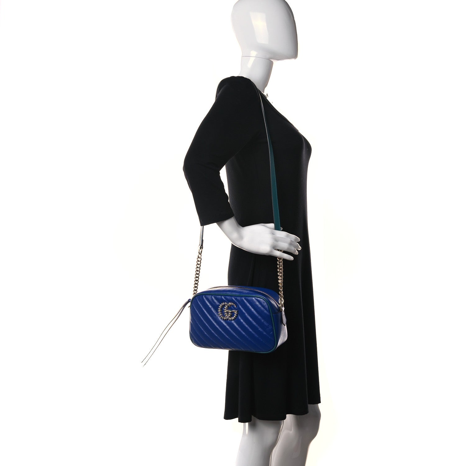 Gucci Azalea Calfskin Enamel Matelasse Diagonal Small Torchon GG Marmont Chain Shoulder Bag Imperial Blue Pavone 2 of 9