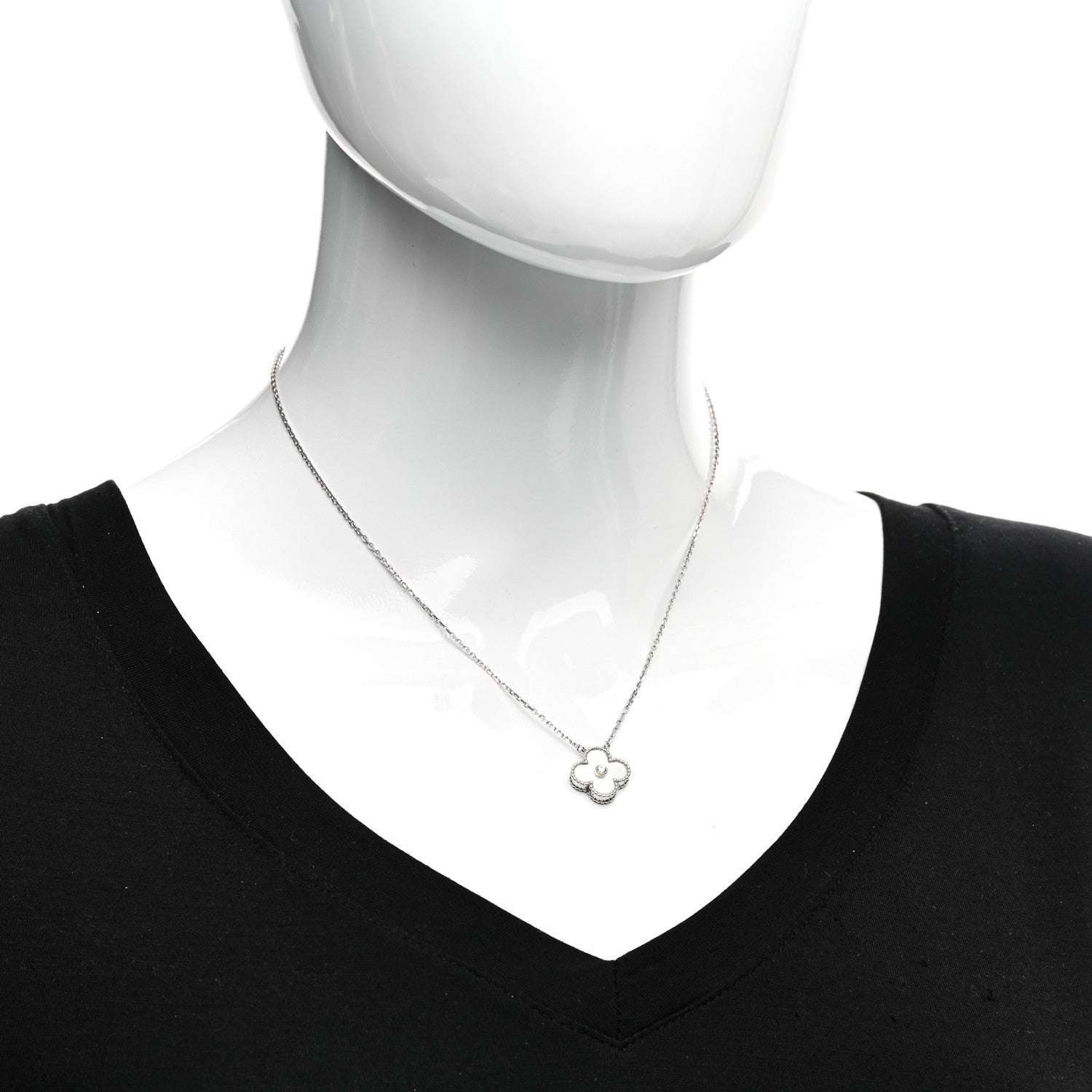 Van Cleef & Arpels 18K White Gold Diamond Mother of Pearl Vintage Alhambra Pendant Necklace 2 of 4