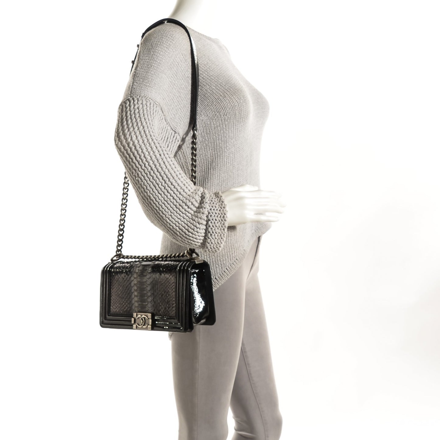 Patent Calfskin Python Medium Boy Flap Black Silver