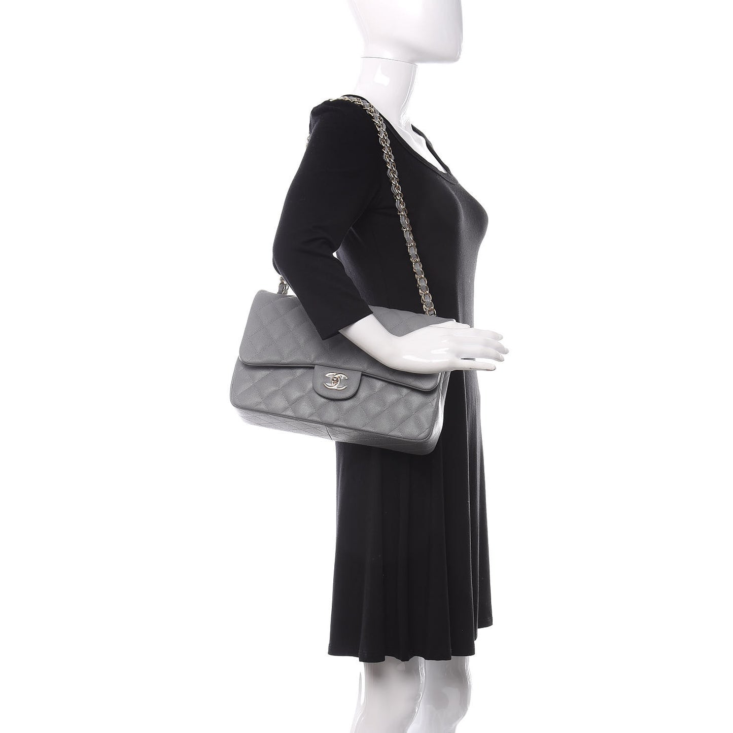 Caviar Quilted Jumbo Double Flap Grey