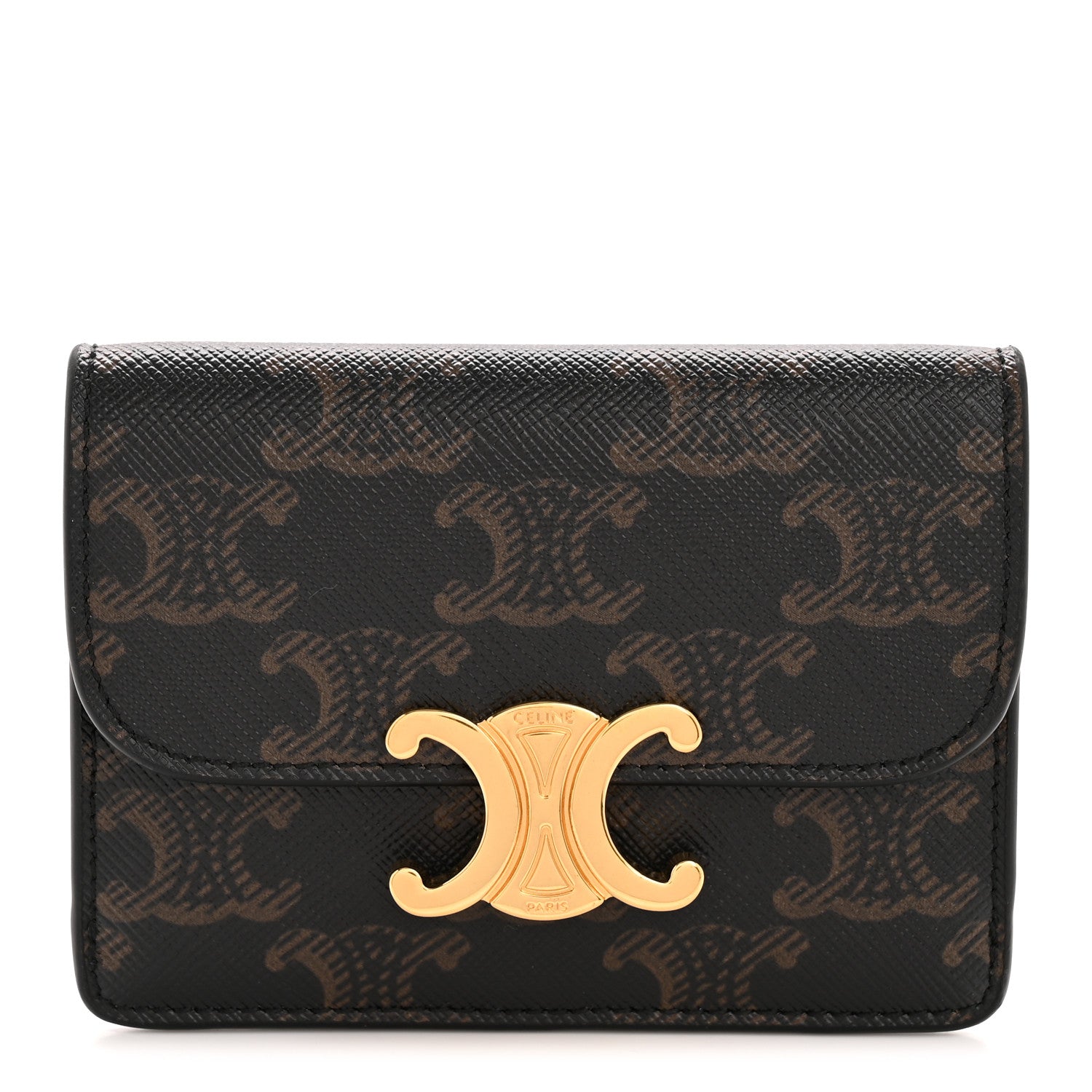 Celine Triomphe Canvas Calfskin Flap Card Holder Tan 1 of 10