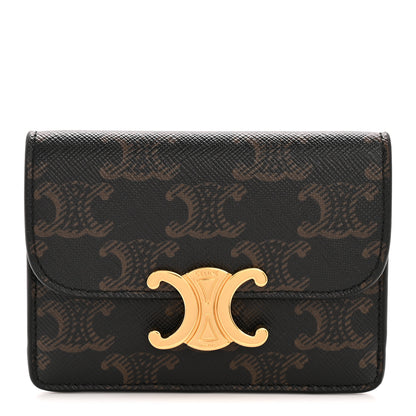 Celine Triomphe Canvas Calfskin Flap Card Holder Tan 1 of 10