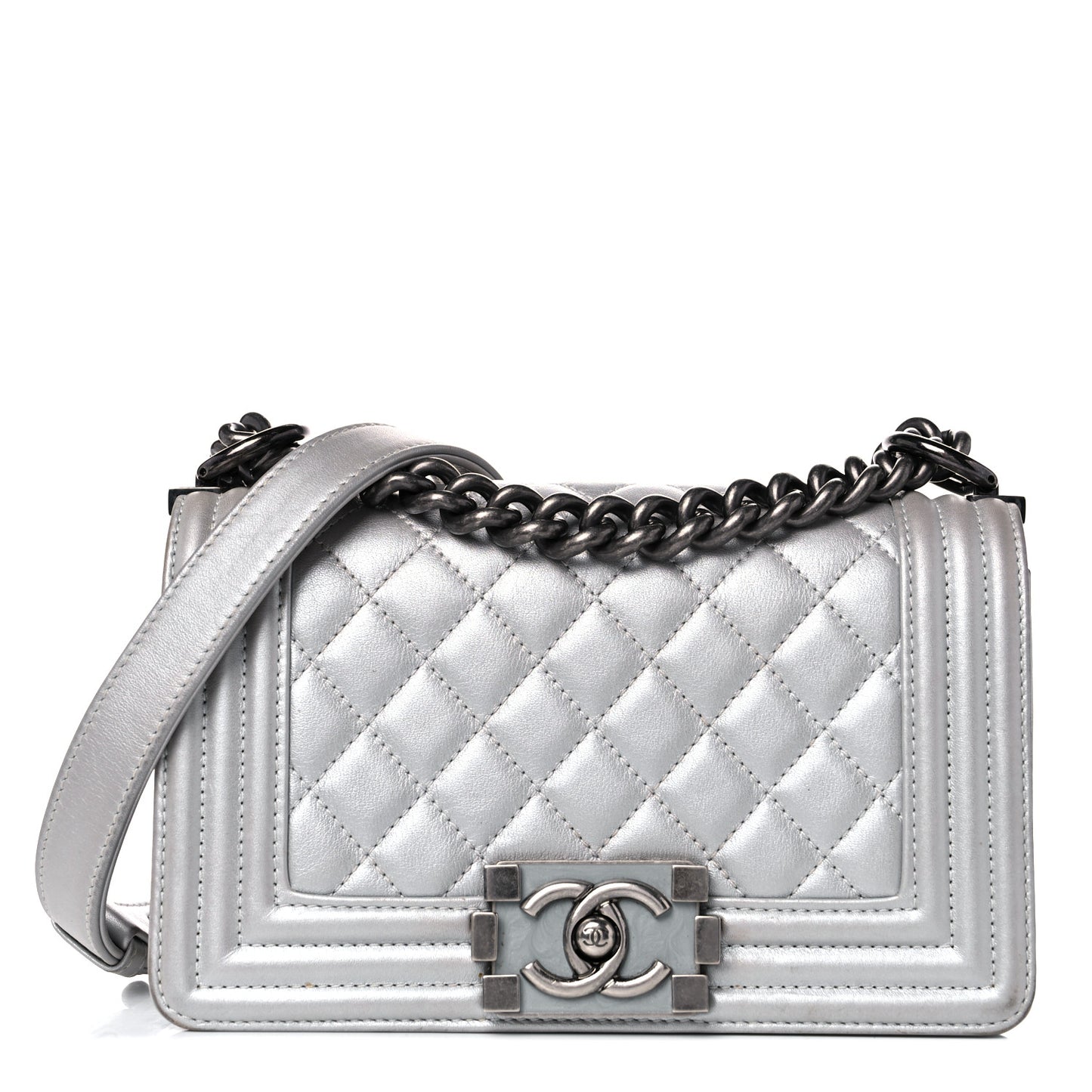 Metallic Calfskin Quilted Small Boy Flap Silver