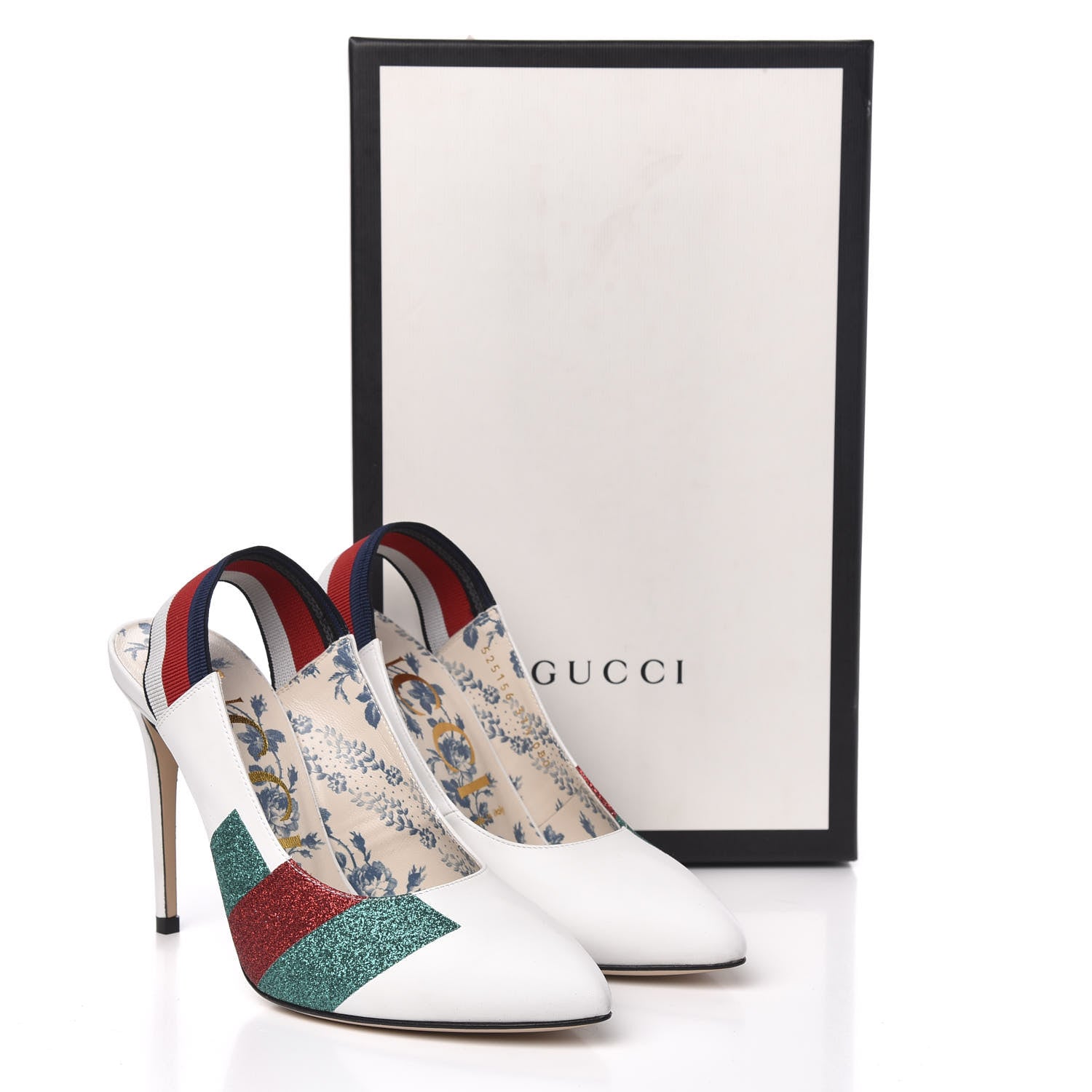 Gucci Calfskin Glitter Web High Heel Slingback Pumps 37.5 White 11 of 11