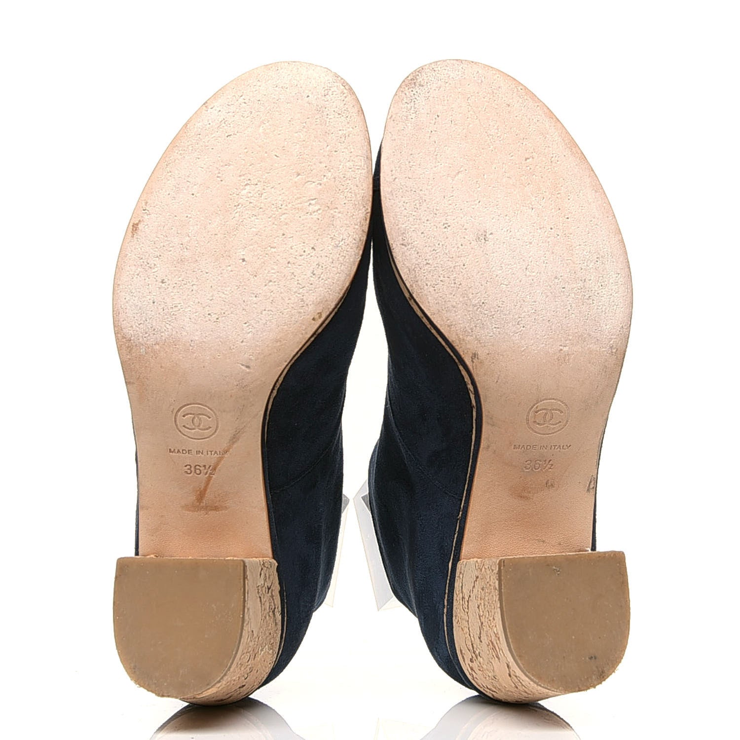 Chanel Suede Cork Lace Up CC Ankle Boots 36.5 Navy 4 of 4
