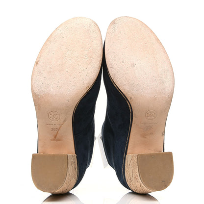 Chanel Suede Cork Lace Up CC Ankle Boots 36.5 Navy 4 of 4