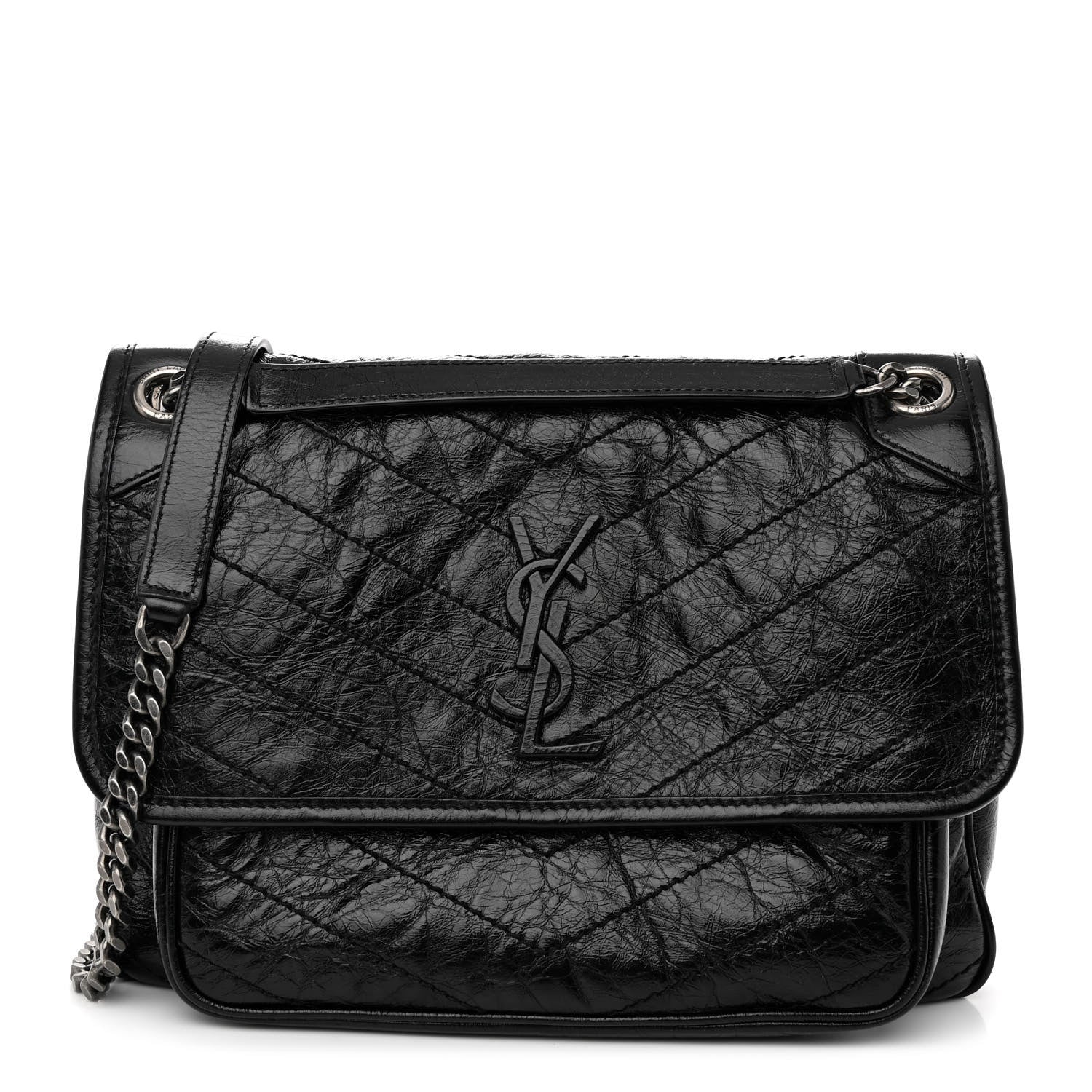 Saint Laurent Crinkled Calfskin Matelasse Monogram Medium Niki Chain Satchel Black 1 of 9