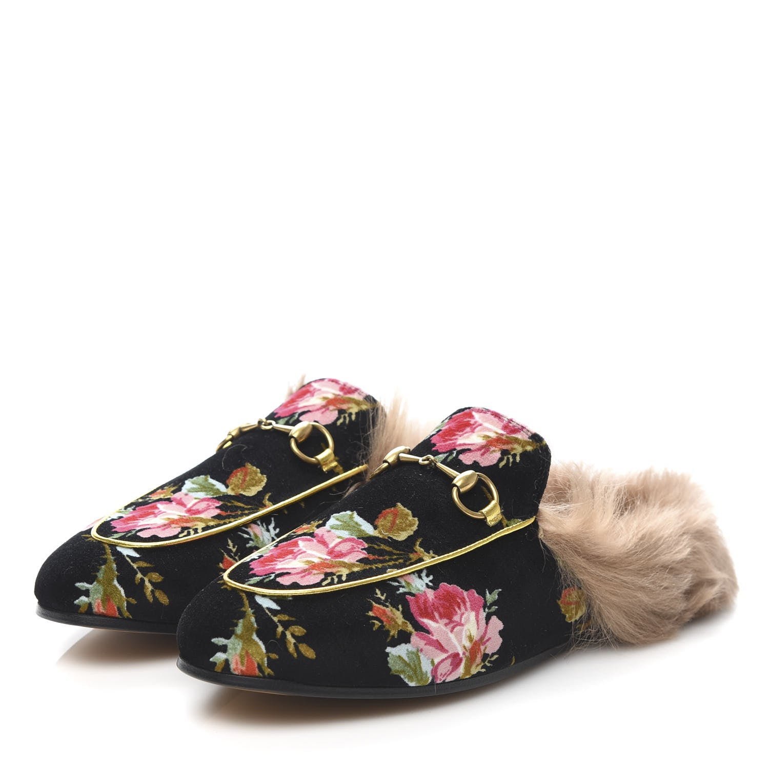 Gucci Velvet Fur Floral Womens Princetown Slippers 38 Black 3 of 8