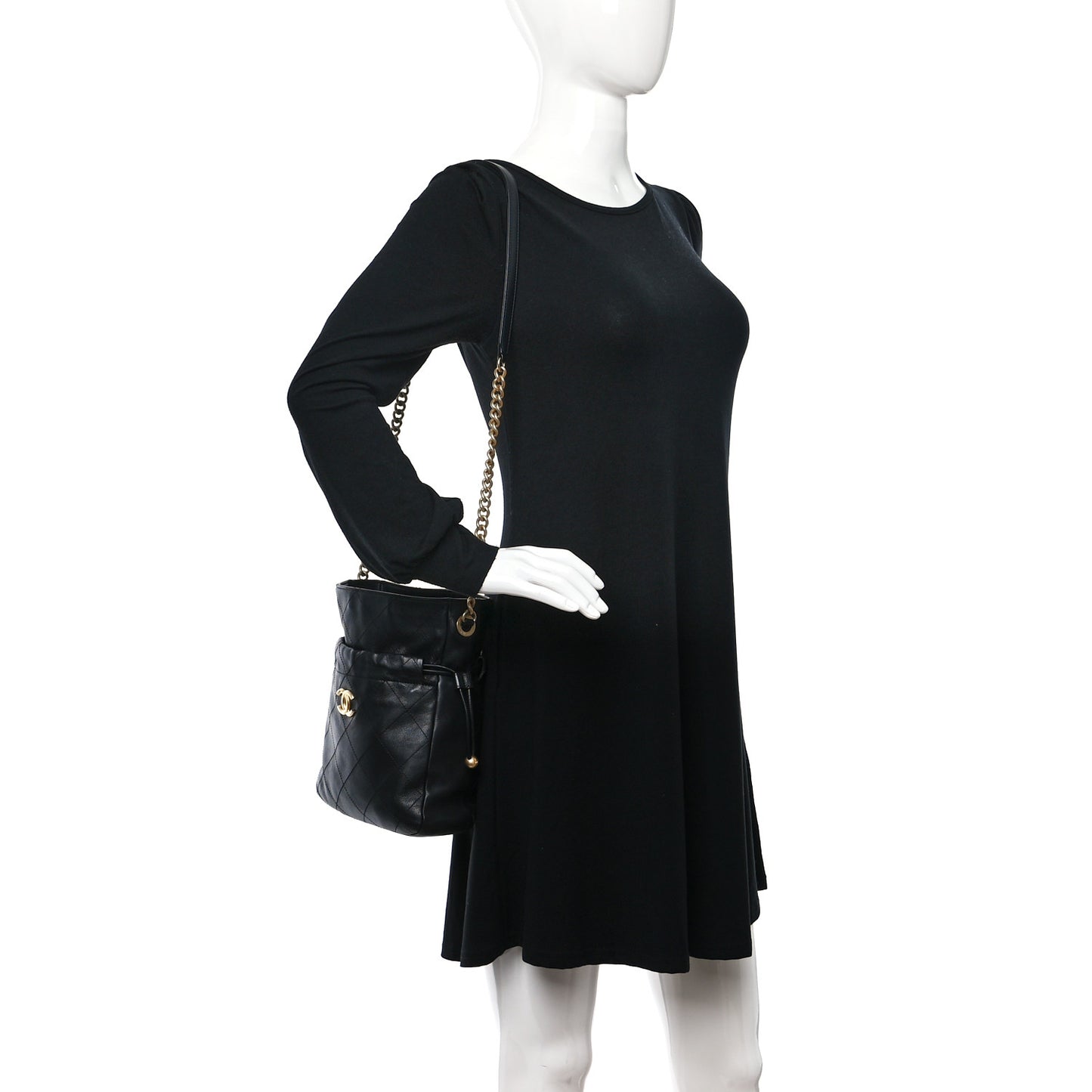Calfskin Quilted Drawstring Bucket Bag Black