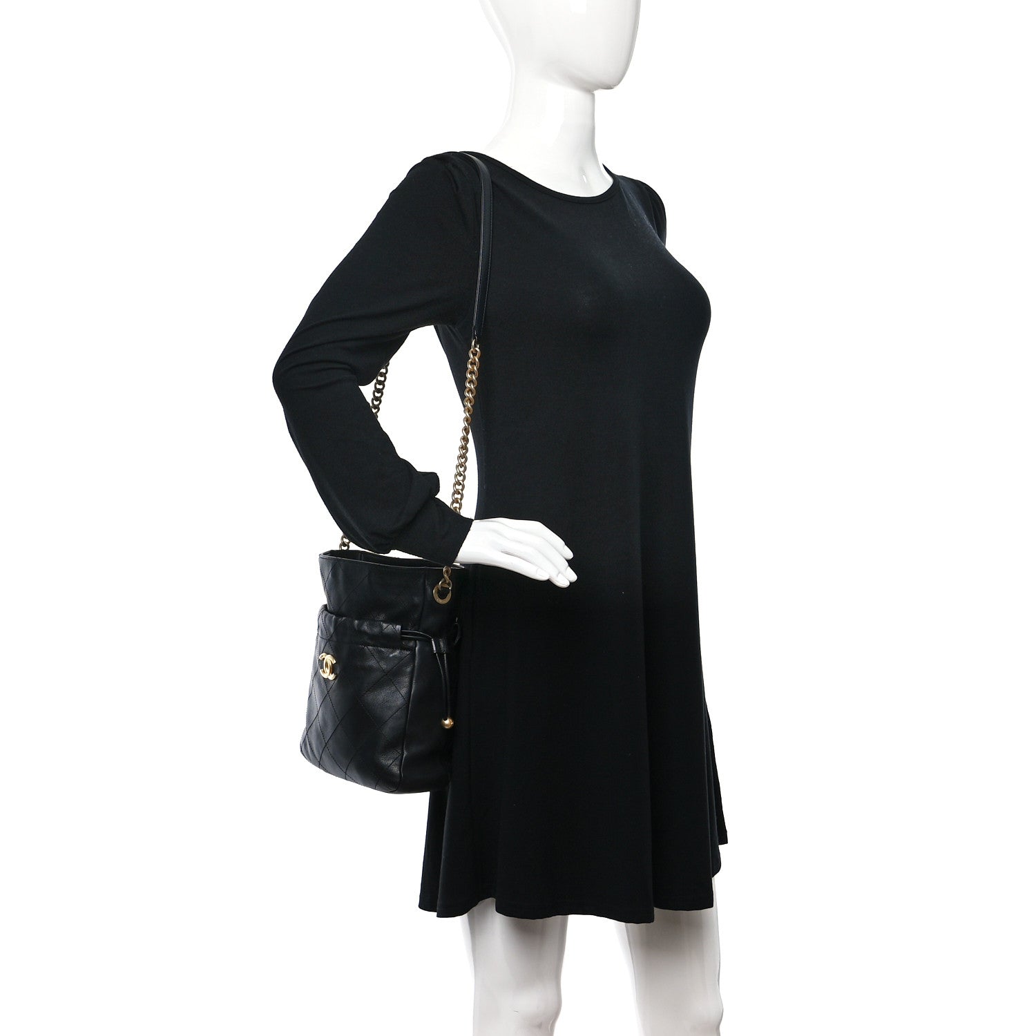 Chanel Calfskin Quilted Drawstring Bucket Bag Black 3 of 10
